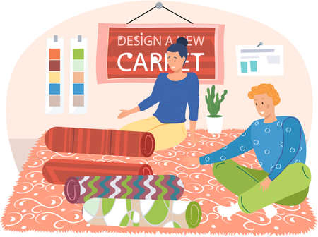 Concept of choosing new rug. Buyer orders carpet from home textile store. Couple equip apartment, selects carpet for room man and woman sitting on floor at home in living room, thinking about flooringのイラスト素材