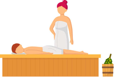 Cartoon people characters taking steam bath together. Flat vector illustration. Woman and man enjoying baths and steam, hammam with sauna whisk. Relax, health, bathhouse concept, wellness procedureのイラスト素材