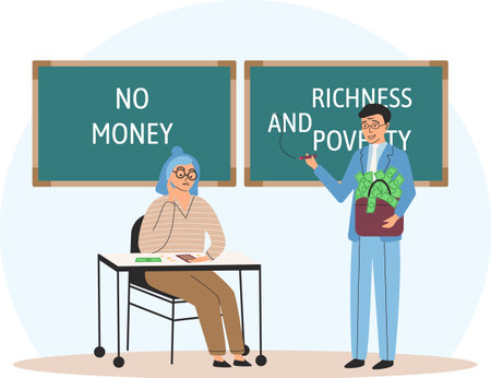 Richness and poverty concept. Happy rich successful businessman with bag of money and sad poor thriftiness woman. Economic and social condition of people. Financial superiority, wealth and poornessのイラスト素材