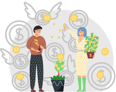 Gap between rich and poor. Rich happy woman scatter money, unhappy poor man eats cheap fast food. Financial success concept with unemployed penniless person and wealthy lady. Financial superiorityのイラスト素材