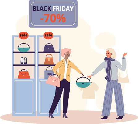 Women in clothing store on black friday. Seasonal discount offers clothes on sale. Closeout in boutique. Happy shopaholic makes purchase. Satisfied female customer with shopping bags in fashion marketのイラスト素材