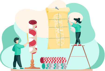 Manufacture of carpets concept. Men are working on design of new rug, choose size and pattern,...