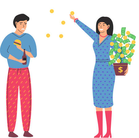 Gap between rich and poor. Rich happy woman scatter money, unhappy poor man eats cheap fast food. Financial success concept with cartoon penniless person and wealthy lady. Financial superiorityのイラスト素材