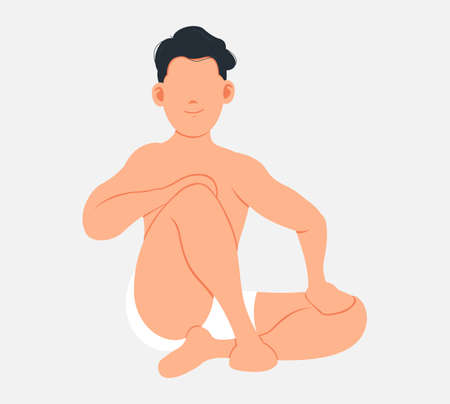 Naked man sitting isolated on white. Flat illustration in cartoon style with young male character sitting cross legged, meditaing and relaxing. Cute sporty dark-haired guy in sauna or bathroomのイラスト素材