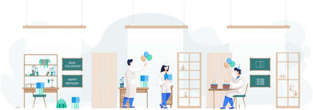 Birthday party in hospital, fun entertainment in medical office. Doctors organize holiday congratulate colleague. Interaction, entertainment at workplace. Team of medics giving gifts and cakeのイラスト素材