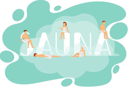 Sauna and steam room. Set of people in sauna. People relax and steam with birch brooms in traditional russian stove for female and male. Finnish bathhouse. Public sauna, Friends in spa resortのイラスト素材