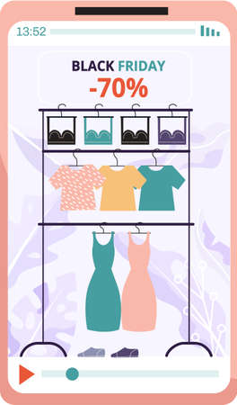 Clothing store on black friday. Seasonal discount offers clothes on sale. Closeout in boutique. Happy shopaholic makes purchase. Satisfied female customer with shopping bags in fashion marketのイラスト素材