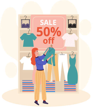 Women in clothing store on black friday. Seasonal discount offers clothes on sale. Closeout in boutique. Happy shopaholic makes purchase. Satisfied female customer with shopping bags in fashion marketのイラスト素材