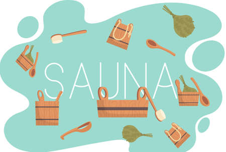 Sauna or SPA center banner template with bathhouse tools bucket, bath broom, soap, towels, thermometer, slippers. Cartoon vector for advertising. Accessories for relaxation in steam banya or hot saunaのイラスト素材
