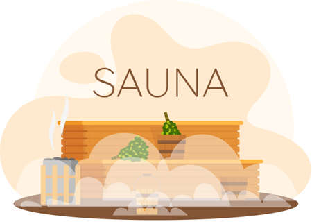 Sauna or SPA center banner template with bathhouse tools bucket, bath broom, wooden bench. Cartoon vector for advertising. Accessories for relaxation in steam banya or hot sauna, wellness procedureのイラスト素材