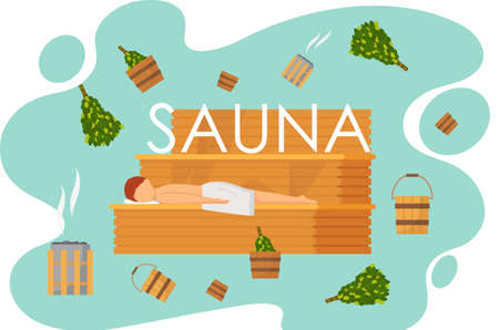 Sauna or SPA center banner template with bathhouse tools bucket, bath broom, green broom and oven with stones and man relaxes on wooden bench. Accessories for relaxation in steam banya or hot saunaのイラスト素材