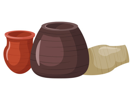 Ceramic pots on isolated background. Vector illustration traditional asian dishes, pottery set. Stoneware, handmade object made of clay. Ancient vase, rural culture, kitchen natural containerのイラスト素材