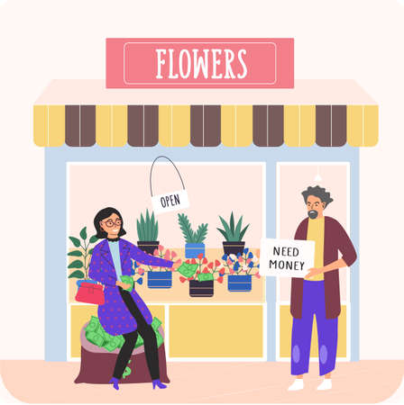 Rich and poor people, man without money and millionaire sitting on bags of dollars. Unemployed guy and successful businesswoman gives money to street beggar standing near flower shop. Richness povertyのイラスト素材