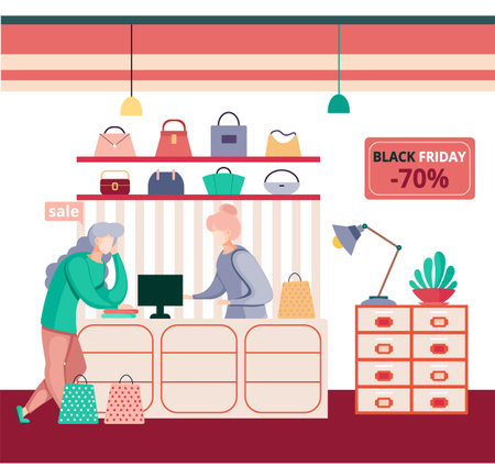 Women in clothing store on black friday. Seasonal discount offers clothes on sale. Closeout in boutique. Happy shopaholic makes purchase. Satisfied female customer with shopping bags in fashion marketのイラスト素材