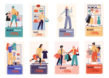 Women in clothing store on black friday. Seasonal discount offers clothes on sale. Closeout in boutique. Happy shopaholic makes purchase. Satisfied female customer with shopping bags in fashion marketのイラスト素材
