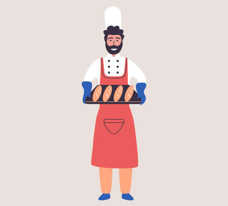 Family bakery concept with happy man baker holding tray of baguettes. Dough maker with bread and cooking tools. Happy male cook in apron and hat, pastry-cook in uniform working in family bakeryのイラスト素材