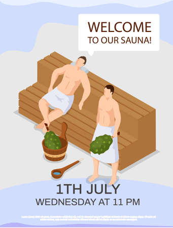 Sauna and steam room. Set of people in sauna. People relax and steam with birch brooms in traditional russian stove for female and male. Finnish bathhouse. Public sauna, Friends in spa resortのイラスト素材