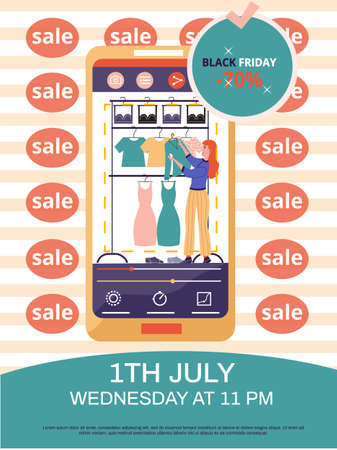 Mobile online shopping. People buy clothes and accessories in online shops, black friday sale. Special offer, discount concept. Modern clothing store, purchases using an application on smartphoneのイラスト素材