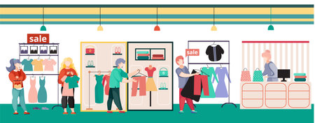 Women in clothing store on black friday. Seasonal discount offers clothes on sale. Closeout in boutique. Happy shopaholic makes purchase. Satisfied female customer with shopping bags in fashion marketのイラスト素材
