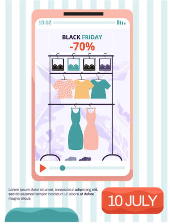 Mobile online shopping. People buy clothes and accessories in online shops, black friday sale. Special offer, discount concept. Modern clothing store, purchases using an application on smartphoneのイラスト素材