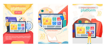 Online education concept. E-learning, home schooling. Man student working on laptop. Teacher leads lesson on display. Web courses or tutorials concept. Education platform modern digital technologiesのイラスト素材