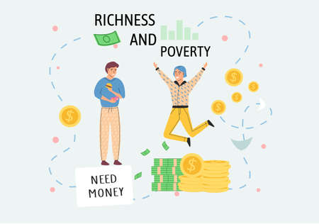 Richness and poverty concept. Happy jumping rich man rejoices in prosperity and sad poor unemployed guy need money. Economic and social condition of people. Financial superiority, wealth and poornessのイラスト素材