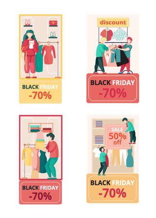 Women in clothing store on black friday. Seasonal discount offers clothes on sale. Closeout in boutique. Happy shopaholic makes purchase. Satisfied female customer with shopping bags in fashion marketのイラスト素材