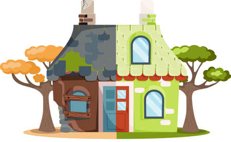Home renovation, house before and after repair. New and old suburban cottage. Remodel construction. Old run-down house remodeled into cute traditional suburban cottage. Building maintenance serviceのイラスト素材