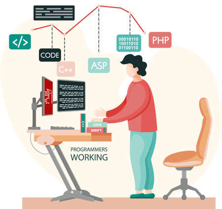 Programmer engineering and coding. Programmer working on code for web app development on computer....