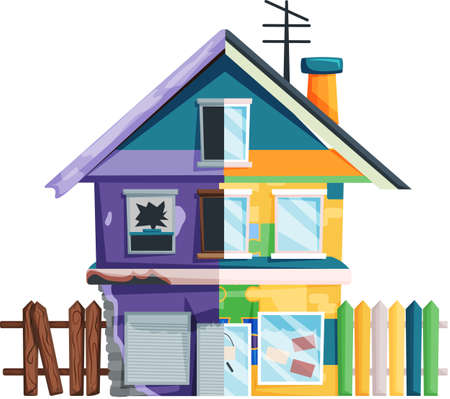 Home renovation, house before and after repair. New and old suburban cottage. Remodel construction. Old run-down house remodeled into cute traditional suburban cottage. Building maintenance serviceのイラスト素材