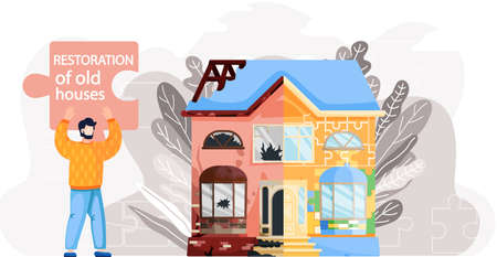Home house repair renovation service. Before and after creative concept, restoration of old building. Contractor standing in front of home before and after overhaul. Reconstruction of cottage facadeのイラスト素材