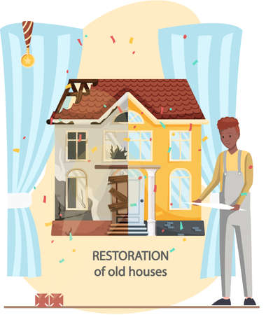 Home house repair renovation service. Before and after creative concept, restoration of old building. Contractor standing in front of home before and after overhaul. Reconstruction of cottage facadeのイラスト素材