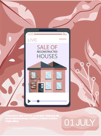 Creative mobile real estate sale web concept. Sale of reconstructed houses advertising announcement banner. Home renovation, building maintenance service, sale of used homes on secondary marketのイラスト素材