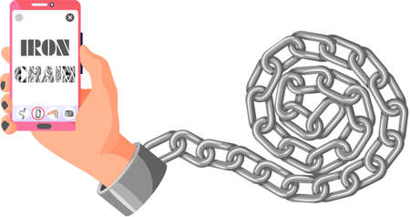 Modern internet and social networks addiction metaphor. Iron chain on smartphone screen, dominance of gadgets. Flat vector concept social media and internet nomophobia and digital detox illustrationのイラスト素材