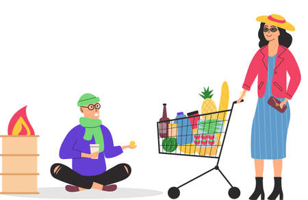 Richness and poverty concept. Sad poor homeless man and happy rich woman. Class and monetary inequality in human society. Lady with shopping cart full of purchases and unemployed guy begging on streetのイラスト素材