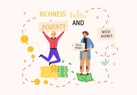 Richness and poverty concept. Happy jumping rich man rejoices in prosperity and sad poor unemployed...