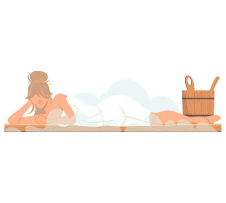 Woman sitting and relaxing in sauna isolated on white. Bathhouse or banya. Wellness spa procedures. Female character in hot steam bath resting alone. Girl takes care of health, enjoys in steam-roomのイラスト素材
