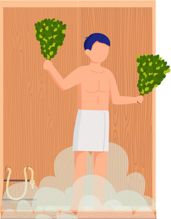 Man in white towel rest on wooden bench at hot steam sauna. Relaxing and wellness in finnish, russian bath or spa center. Heat therapy, relaxation and health care. Bathing character wellness procedureのイラスト素材