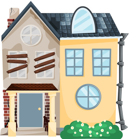 Home renovation, house before and after repair. New and old suburban cottage. Remodel construction. Old run-down house remodeled into cute traditional suburban cottage. Building maintenance serviceのイラスト素材