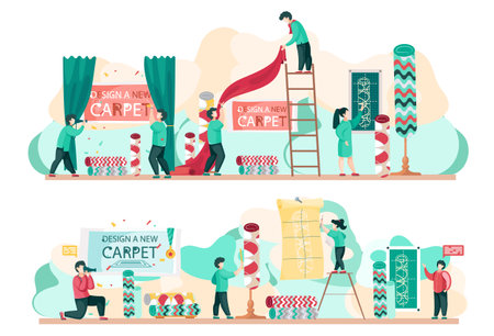 People working on design of new carpet, interior shop scenes set. Manufacture, sale of carpets and materials. Designers stand near rug in room with rolled carpets, choose materials, textile factoryのイラスト素材