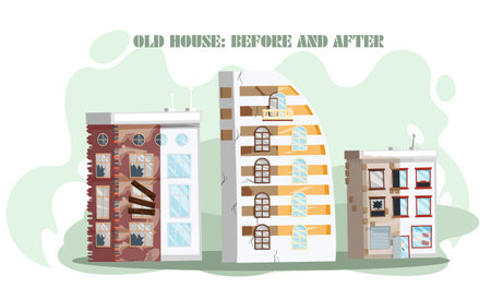 Home renovation, old house before and after repair. New and old city building. Remodel construction. Old run-down house remodeled into cute traditional apartment house. Building maintenance serviceのイラスト素材