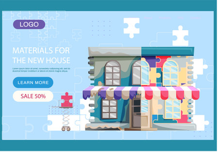 Materials for new house landing page template. Construction and building industry accessories, equipment web site. Goods for interior and facade repairs. Building maintenance and development serviceのイラスト素材