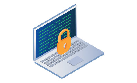 Data protection concept, security access. Padlock on computer desktop or laptop protect sensitive data. Internet security. Traffic encryption, VPN, Privacy protection Antivirus hack, flat 3D isometricのイラスト素材