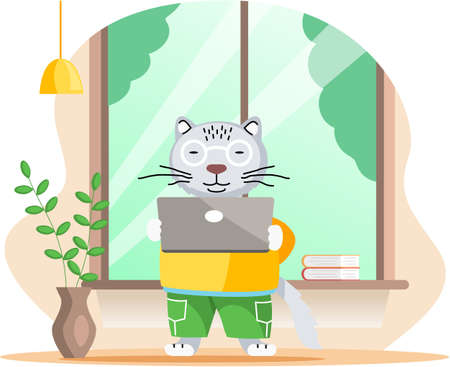 Working animals cute cartoon character works at home with laptop, performs work and tasks. Clever cat freelancer working on tablet and computer at home or coworking space. Home education conceptのイラスト素材