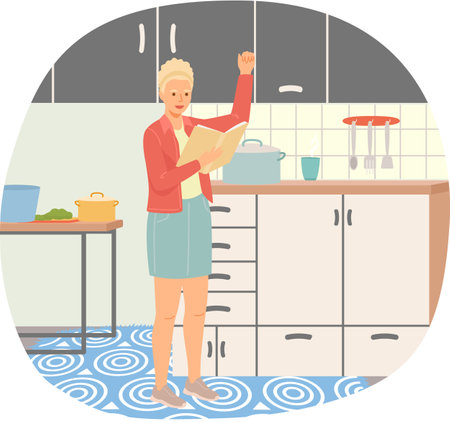Young woman reading book standing near stack of books in living room, studying at home. Housewife resting with book, female character is fond of literature, enjoys reading, gets educationのイラスト素材