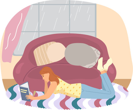 Girl sits at home and reads, lies on floor and studies book. Woman with book in her hands spending time in apartment. Female character is reading and resting after work. Leisure, pastime at homeのイラスト素材