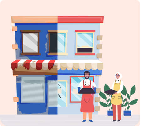 House repair renovation service. Owners standing in front of home before and after overhaul. Restoration of old construction. Remodel building transformation. Reconstruction of destroyed cottageのイラスト素材