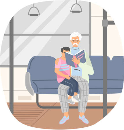Senior man read book for his grandson sitting on bench rides with child in subway or train. Grandpa holding his grandson and reading book with fairy tales. Grandparent, childhood, friendship conceptのイラスト素材