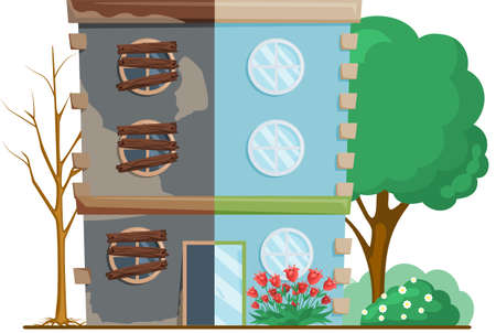 Home renovation, house before and after repair. New and old suburban cottage. Remodel construction. Old run-down house remodeled into cute traditional suburban cottage. Building maintenance serviceのイラスト素材