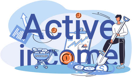 Active income, getting paid for work. Man works, earns salary. Businessman stands with shovel and digs out money. Idea of financial growth and business development. Male character gets active incomeのイラスト素材